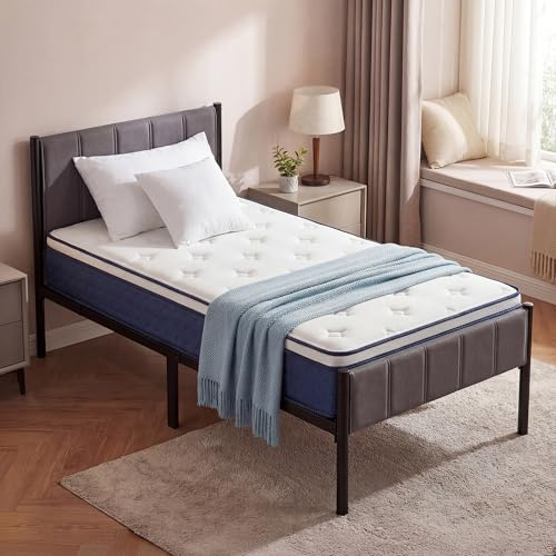 VASAGLE Single Bed Frame Bundle with Mattress, 90 x 190 cm, Upholstered Headboard, Hybrid Pocket Spring and Gel Memory Foam, 250 kg Weight Capacity, Medium Firm, Slate Grey and Blue RMZ221QZ03-01
