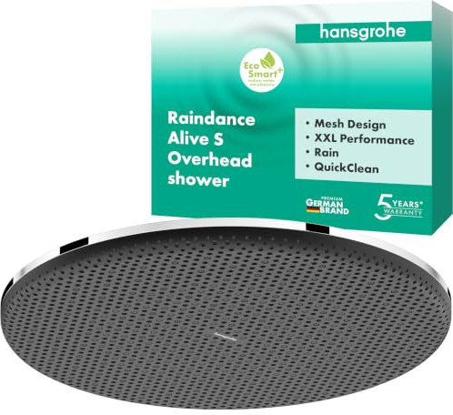hansgrohe Raindance Alive S - wassersparende Kopfbrause max. 6 l/min (EcoSmart+), runde Duschbrause (300 mm), Regendusche mit 1 Strahlart für Wand- oder Deckenmontage, Chrom, 24523000