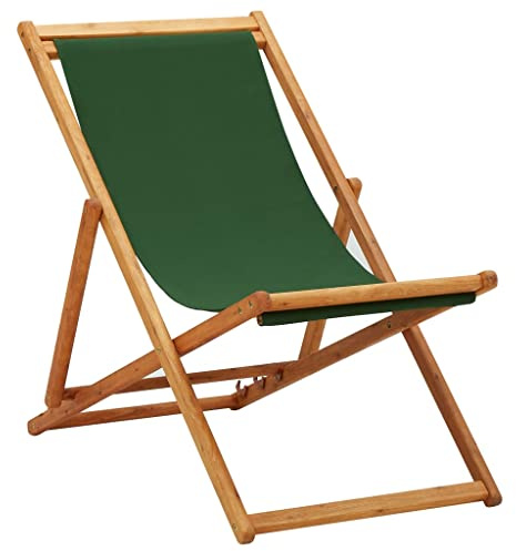 LoogCape Foldable Eucalyptus Wood Beach Chair with Green Fabric, Adjustable in 3 Positions, Lightweight Garden Chair for Balcony, Patio, Camping and Beach, Robust Wooden Frame