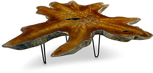 Kinaree Teak Couchtisch LUHU - 100x120cm Tischplatte aus massiver Wurzelholz Baumscheibe im rustikalen Landhausstil, geeignet für Wohnzimmer, Wintergarten oder als Kaffeetisch