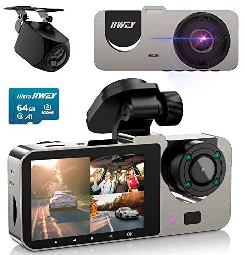 IIWEY Dash Cam Front and Rear Inside 3 Channel, Free 64GB TF Card, Enhanced 4 IR Lamps, Three Way Car Cam with Night Vision, 2.5 Inch LCD, 24H Parking Monitor, G-Sensor, Loop Recording, USB C