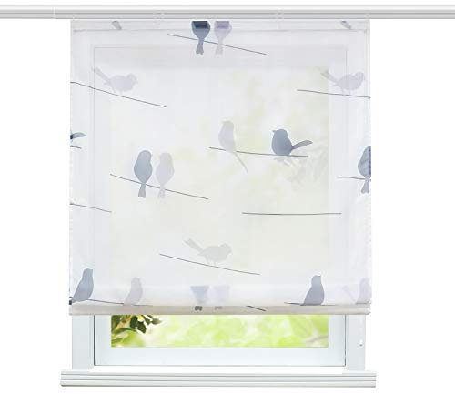 ESLIR Raffrollo Wohnzimmer Raffgardine mit Klettband Gardinen Küche Transparent Bändchenrollo Modern Voile Vogel Muster BxH 80x140cm 1 Stück