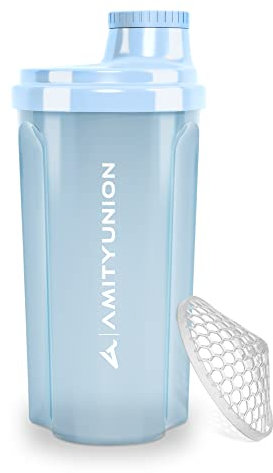 AMITYUNION Coctelera de proteínas 700 ml Heaven a prueba de fugas, sin BPA con tamiz y escala que se pueden hacer clic para batidos cremosos de suero, mezclador de proteínas, original en Cielo azul