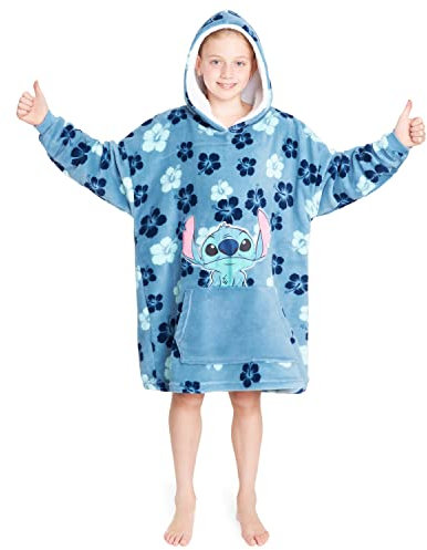 Disney Sudaderas con Capucha para Niña, Sudadera Batamanta de Polar Stitch Minnie Bata Manta Oversize Niños Talla única (Azul Tropical)