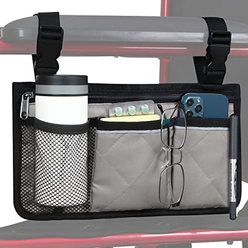 HSGEZUOQI Wheelchair Side Bag, Armrest Storage Pouch with Cup Holder and Reflective Strip for Wheelchairs, Walkers or Rollators (Grey)