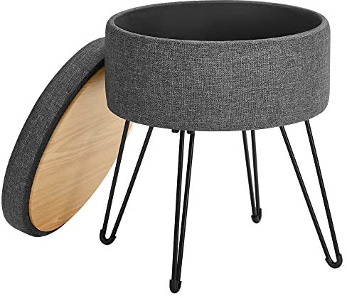 SONGMICS Sitzhocker, runder Hocker mit Stauraum, Aufbewahrungsbox mit Deckel, 13,4L, Fußablage, Metallbeine, gepolsterter Sitz, für Wohnzimmer, Schlafzimmer, dunkelgrau LOM002G02