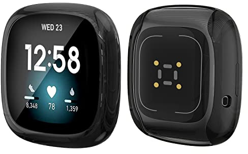 Yolin [2-Pack] All-around TPU Screen Protector Compatible with Fitbit Versa 3, Soft Protective Case For Fitbit Versa 3 (1 Black + 1 Transparent)