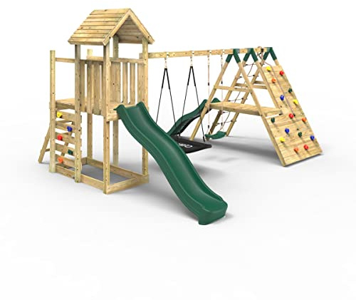 Rebo® Extended Tower Wooden Climbing Frame with Swings and Slide - San Luis | OutdoorToys | Kids' Outdoor Wooden Garden Play Equipment, Children's Jungle Gym