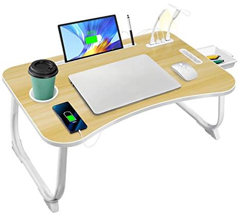 AirOpen Laptopbordet för Säng, Hopfällbart Sängbord med 4 USB-Laddningsportar, Låda, PAD-Hållare, Mugghållare, Bärhandtag, Laptopbord för Säng, Soffa, Soffa, Golv (60 x 40 cm, Svart)