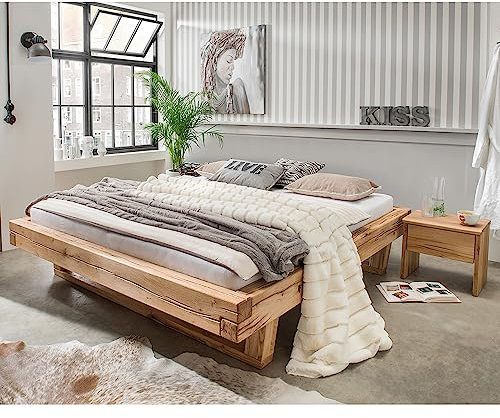 Lomadox Massivholz Doppelbett mit 2 Nachttischen, 180x200 cm, Eiche massiv, ohne Kopfteil, Massivholzkufen, B/H/T ca. 298/42/228 cm