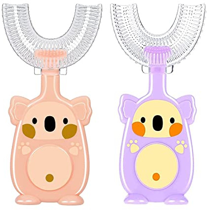 Brosse à Dent Enfant, Brosse à Dents en Forme de U pour Enfants, Lot de 2 brosses à dents manuelles en silicone en forme de U pour enfants de 2 à 4 ans (rose + violet)