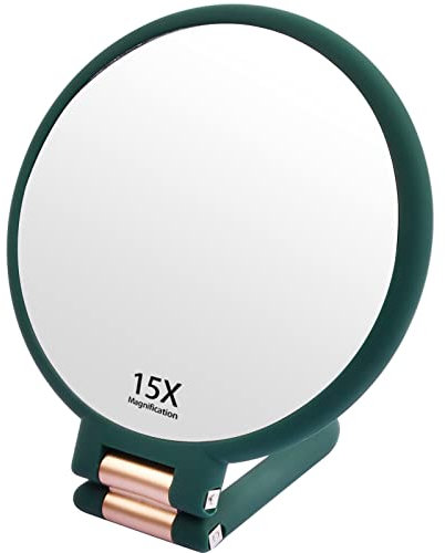 Anseom Miroir Double Face Pliable avec Poignée - Miroir à Main de Voyage Grossissant 1/15X (Vert)