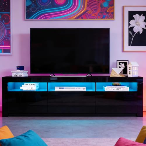 Senvoziii LED TV Schrank, Modernes Hochglanz TV Board, Schwarz, 160x35x60cm | mit 2 Türen & 2 Schubladen & 3 offene Fälle, Fernsehschrank für Wohnzimmer Schlafzimmer Möbel