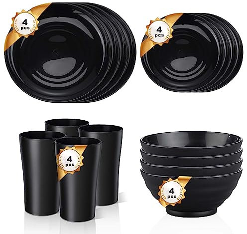 Pleafind 16-Piece Black Plastic Dinnerware Set for 4, Includes Dinner Plates, Salad Plates, Cereal Bowls, Cups, Microwave & Dishwasher Safe, Lightweight, Unbreakable, BPA-Free