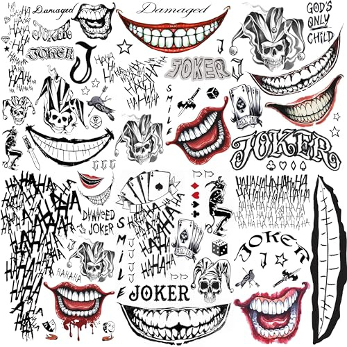 COKTAK 6 Blatt Clown Jok Temporäre Tattoos Herren Damen Klebetattoos Erwachsene, Festival Must Haves Halloween Make UP Kostüm, Halloween Gesichtstattoos Fake Tattoo Zum Aufkleben Frauen Männer