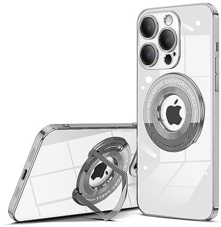 QLTYPRI Magnetic Clear Case for iPhone 14 Pro Case Compatible with MagSafe, Invisible Ring Holder Stand, Camera Lens Full Protection, Slim Silicone Shockproof Phone Case Cover for iPhone 14 Pro–Silver