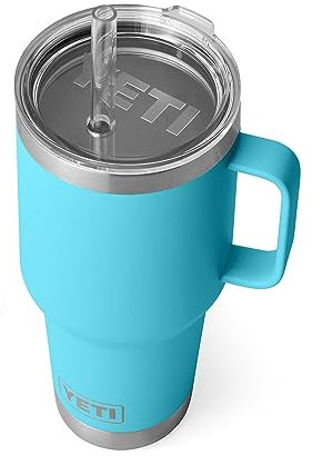 YETI Rambler 35 oz Tumbler with Handle and Straw Lid, Travel Mug Water Tumbler, Vacuum Insulated Cup with Handle, Stainless Steel, Reef Blue