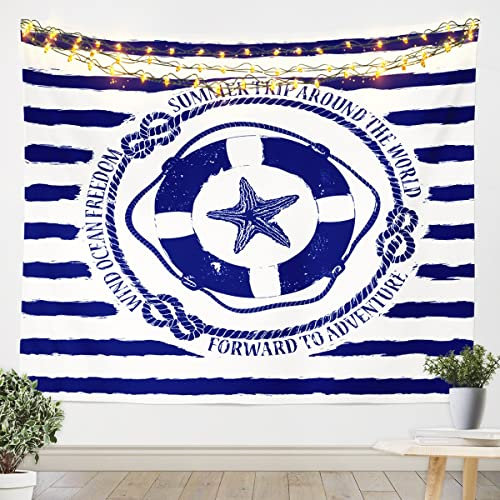FJAUOQ Nautischer kleiner Wandteppich für Kinder, Jungen, Küsten-Tapisserie, marineblau und weiß, gestreifter Wandteppich, Rettungsring und Seestern, Druck, hängende Wandkunst, Ozean-Thema,