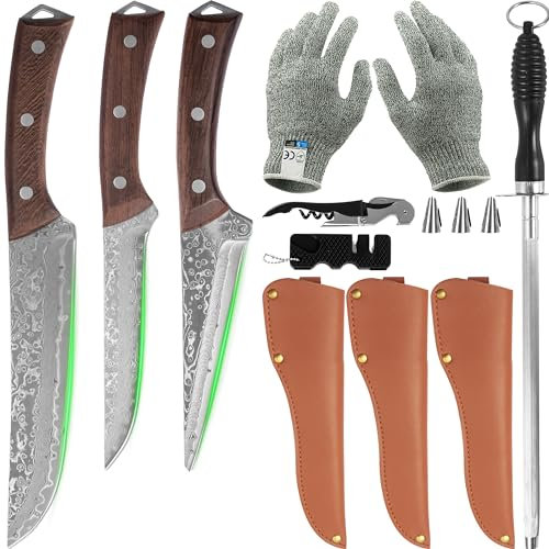 FULLHI Damaszener Metzgermesser Set Handgeschmiedetes Kochmesser Ausbeinmesser mit Scheide High Carbon Steel Tranchiermesser Fischmesser Kochmesser für Küche, Camping, BBQ