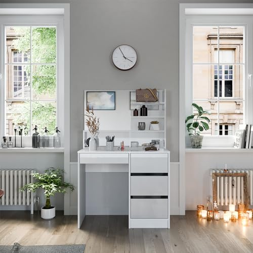 Vicco Schminktisch Sherry, Weiß, 80 cm | mit Spiegel, mit höhenverstellbarem Sitz und drehbarem Hocker