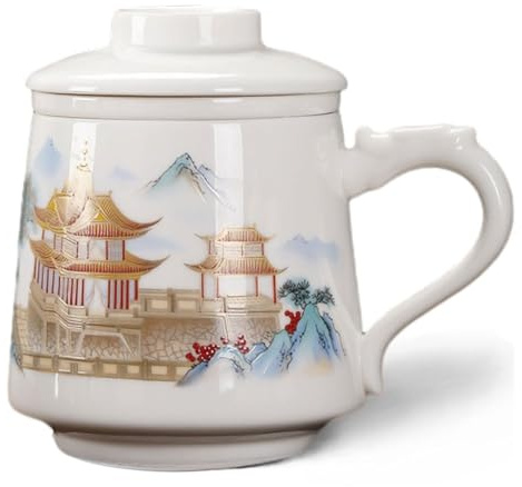 HwaGui Tasse à thé avec infuseur et couvercle, en céramique, motif paysage peint à la main, grande poignée en bois, pour une utilisation quotidienne et de bureau, 350 ml