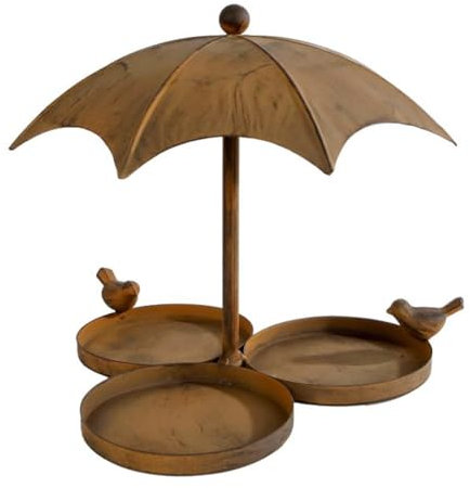 MACOSA VM140031 Vogelfutterstation Metall Braun Rostig 22 cm mit Dekovögel rund Futterschale zum aufstellen Vogelbecken Wildvogeltränke Vogel Futterstation Gartendeko Rost