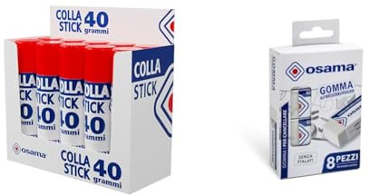 Osama - Colla Stick Extra Forte, Box da 10 Pezzi, 40 gr - Set Colle Stick & Gomme da Cancellare Set da 8 Pezzi per Cancelleria Scuola Ufficio Università e Cartoleria