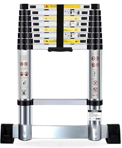 BM TOOLS Teleskopleiter, 2,6 m, Aluminium, mit Stabilisator – Traglast 150 kg, faltbar, ausziehbar, einzigartig, gerade, multifunktional
