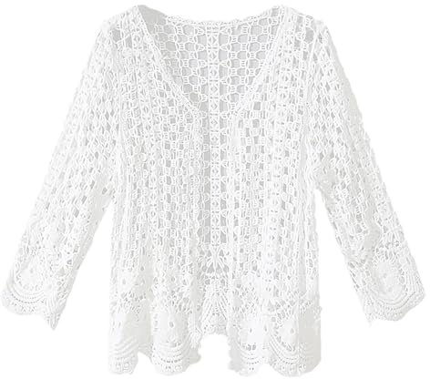 Cardigan d'été pour femme - Manches longues - Tricot au crochet - Fleurs - Couverture avant ouverte - Manteau de plage en maille ondulée douce, Blanc., taille unique