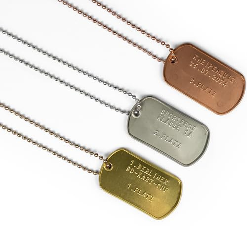 Personalisierte goldene, silberne, bronzene Erkennungsmarke mit eigenem Text im 3er Set als Medaillensatz | Dog Tag Ketten mit Prägung | ideal für Geburtstage, Sportfeste, Tippspiele