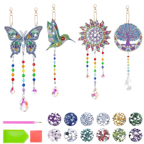 4 Pack Diamond Painting Kits for Kids Gifts for 6 7 8 9 10 11 12 13 Year Old Girls Birthday Presents DIY Arts Crafts 5D Diamond Painting Wind Chimes Crystal Suncatchers for Windows Garden Decorations