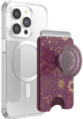 PopSockets Phone Wallet with Expanding Grip and Adapter Ring for MagSafe, Phone Card Holder, Wireless Charging Compatible, Wallet Compatible with MagSafe - Celestial Mauve | PopWallet, Holds 3 Cards, Magnetic, Removable, Secure, Moon, Star, Sun, Space, Phone, Women