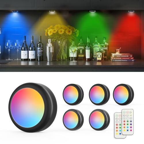 Moman Lampe de Placard Lot de 6, 13 Couleurs LED Veilleuse avec Télécommande, Minuterie Intensité Réglable Lumière Cuisine Sous Meuble Eclairage LED à Piles Pour Armoire,Escalier,Vitrine (T025 Noir)