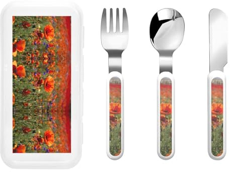 Reusable Poppy Flowers Print Fork, Spoon Knife with Storage Case,Dishwasher Safe for School Lunch,Travel