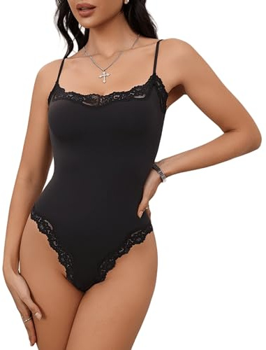 Starrylion Body in pizzo con scollo quadrato top da donna senza maniche con spalline sottili canotta body per donna tuta sexy, Carbone nero, Small