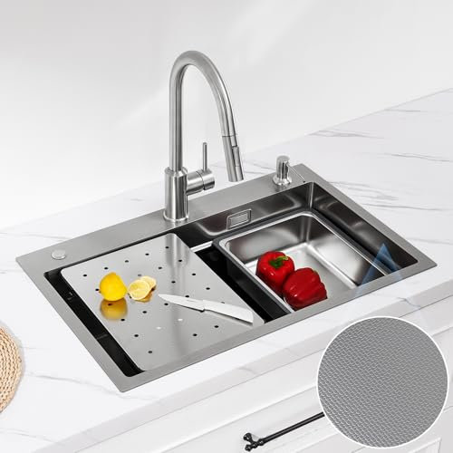 CECIPA Lavandino Cucina 70x45 CM, Lavello Cucina 1 Vasca con Dispenser Sapone, sifone e Set di Drenaggio, Lavabo Cucina con Lavello Mobile e Tagliere, Lavello in Acciaio Inox con Sifone Set - Spazzola
