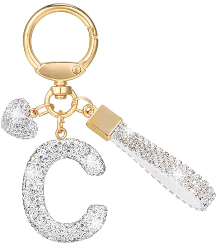 MWOOT Cristaux Lettre Porte-clés, Mignon Keyring Pendentifs avec Nom, Accueil Bagues Porte-clés Femme Maison Nouvelle Accessoires Voiture Keychain Cadeau Amie Anniversaire(C)
