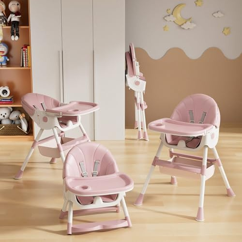 Hochstuhl Baby 6in1 Kinderhochstuhl- Verstellbar Klappbar Hochstuhl Baby mit Essbrett und Rollen,Korb - Rosa