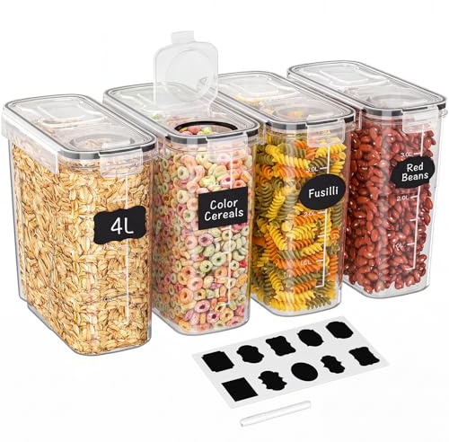 Storivo Cereal Storage Containers, Food Containers, Food Storage Containers With Lids-4 Pcs 4L Airtight, BPA-Cereal Dispenser For Flour, Sugar, Pasta & Dry Food