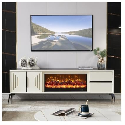 Cheminée électrique avec Chauffage Meuble TV moderne avec insert de cheminée à flammes réalistes, console multimédia TV avec meuble de rangement et tiroirs, blanc Cheminée à vapeur à flamme de simulat