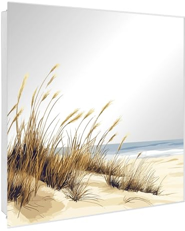 banjado Schlüsselkasten mit Spiegelfront - Schlüsselbox 30cm x 30cm mit 50 Haken - Korpus weiß Scharnier rechts -Schlüsselkasten modern für Schlüsselaufbewahrung - Motiv Dünenlandschaft am Meer