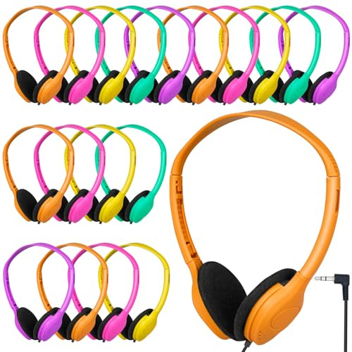 YFSFQS Class Set Headphones for Kids Students School Classroom 20 Pack Bulk Headphones Adjustable with 3.5 mm Jack for Library Children Mixed Colors