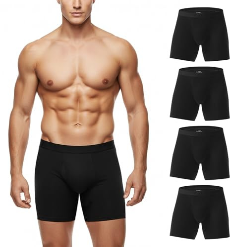 ZAKASA Calzoncillos Hombre Boxer Algodón: Boxers Largos Ajustado Hombres Ropa Interior Transpirable Sin Etiqueta Abrir La Mosca XL Negro Pack de 4