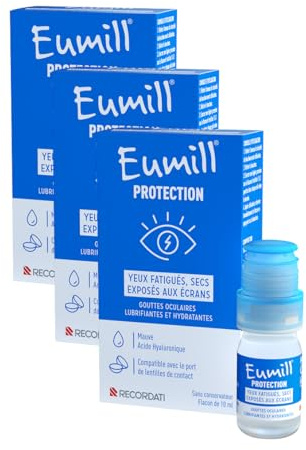 EUMILL | Protection | Gouttes oculaires lubrifiantes & hydratantes | Yeux fatigués, secs et exposés aux écrans | Sans conservateur | Compatibles avec lentilles de contact | Lot de 3 flacons x 10ml