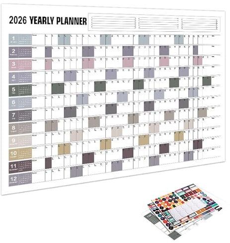 2026 Calendario De Pared Anual,Calendario de 12 Meses con Pegatinas - Organizador para Planificar y Seguir Tareas en Oficina Hogar Sala Reuniones Aula Escuela