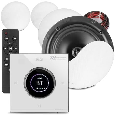 Powerline Bluetooth Ceiling Speaker System with Four 6.5 Slimline Speakers, In-Wall Touch Panel Amplifier, LCD Display, Multi-Zone, White Cables, Home Audio Kit, Ceiling Sound Installation