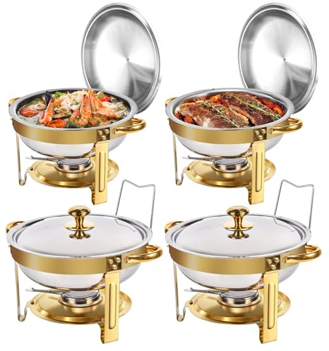 Chafing Dishes for Buffet Set, 4 Pack 5QT Round Stainless Steel Chafing Dish Set for Home Parties, Catering Events,Christmas Gatherings Complete Buffet Warmer Set (4 Pcs Golden Circle)