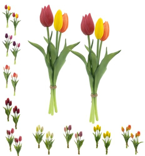 Klocke Dekorationsbedarf Künstlicher Tulpen Bund wie echt - 2er Set - 25 cm Real-Touch Tulpenstrauß mit 3 Stielen (3 Knospen) - Hochwertige Frühlingsdeko für Vasen & Gestecke (Rot/Gelb/Orange)