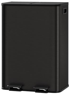 GarveeHome Mülleimer Küche, 2 x 30 L, Mülltrennsystem 2 Fächer, Metall-Tretmülleimer mit Seitlichem Griff, Soft-Close-Deckel, für Recycling & Biomüll, herausnehmbare Inneneimer, Schwarz