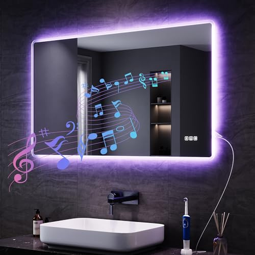 SONNI Badrumsspegel med belysning 120 x 70 cm, LED-spegel med Bluetooth och touch-brytare, dimbar, dimfri, 3 justerbara ljusfärger, uttag